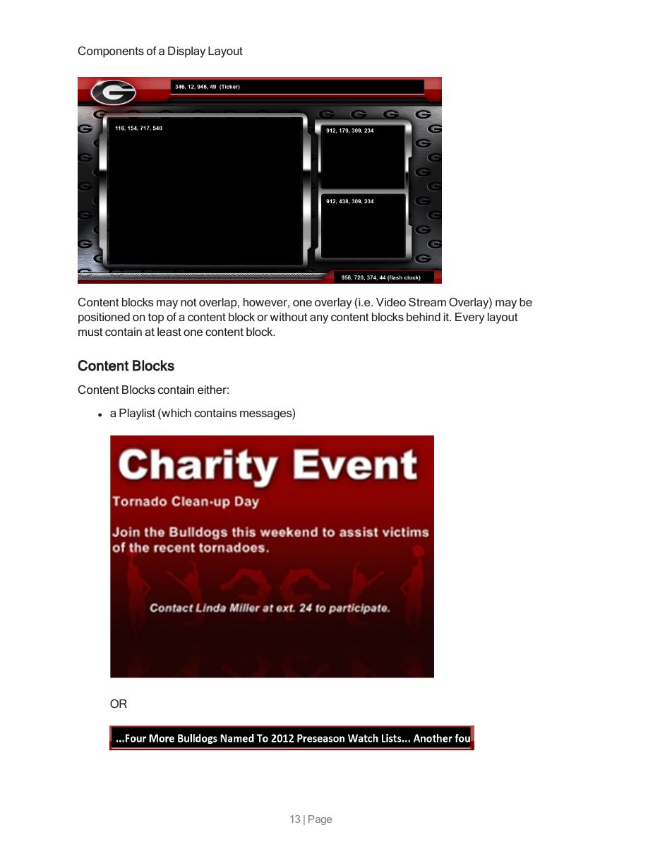 Page explaining the components of a display layout with annotated screenshots