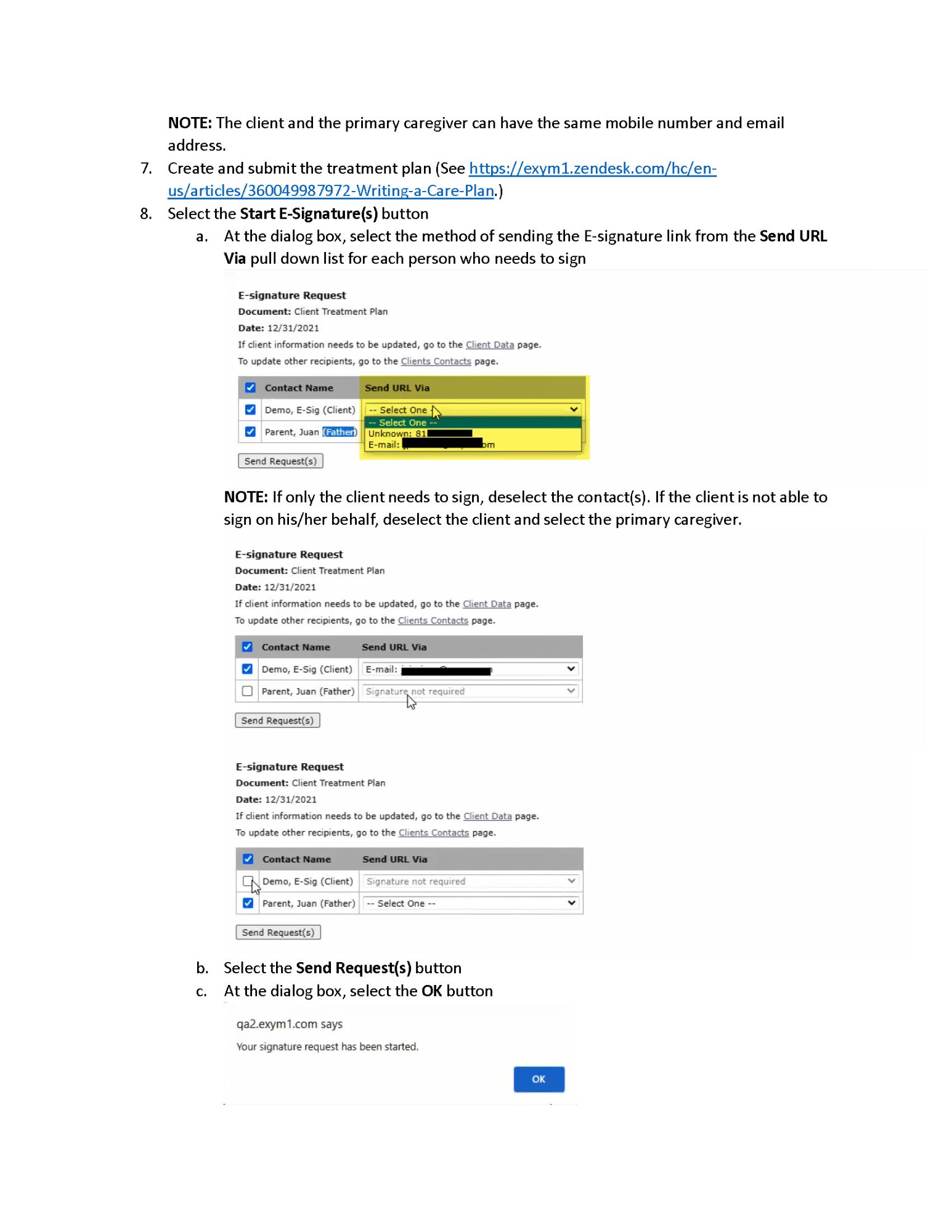 E-signature guide page for steps 7 and 8, showing the E-signature Request dialog where the administrator picks who signs and whether each link goes by email or text