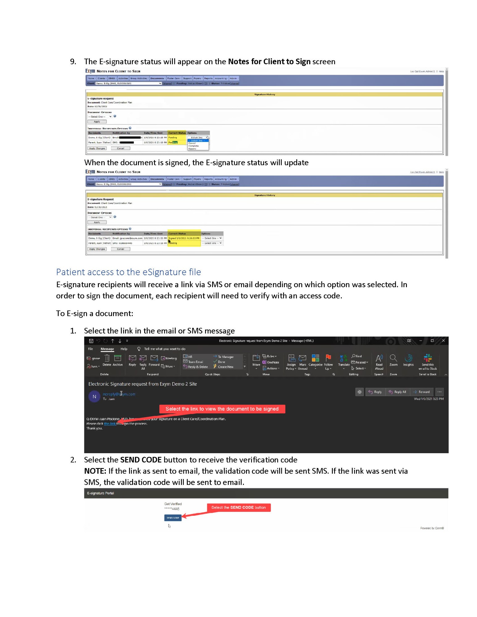E-signature guide page showing the signature status changing from Pending to Signed, then the signer opening the emailed link and requesting a verification code