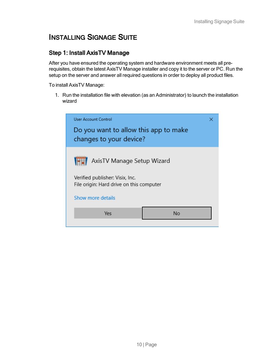 Step 1 of installing AxisTV Manage with a Windows User Account Control screenshot