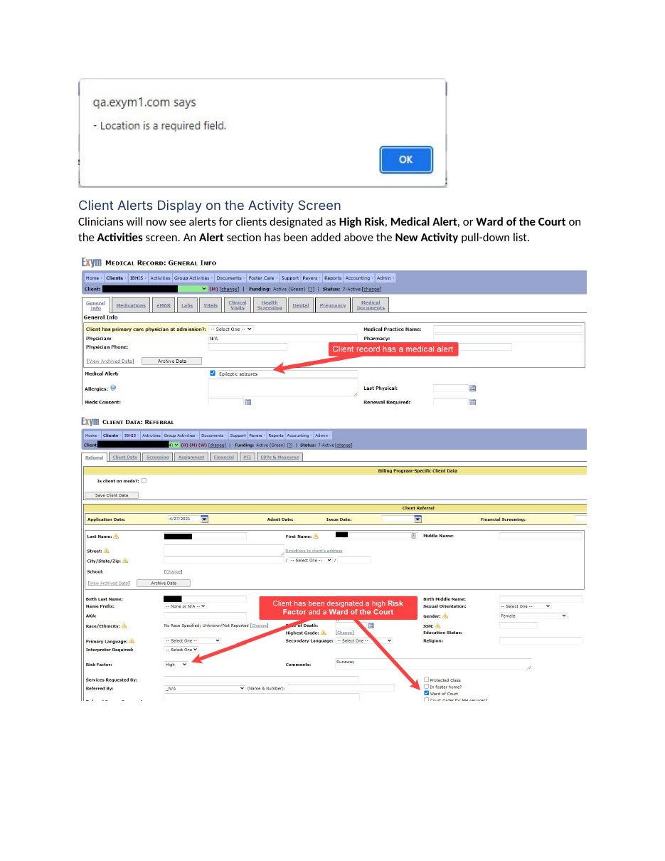Release notes page with screenshots annotated in red showing new client alert fields